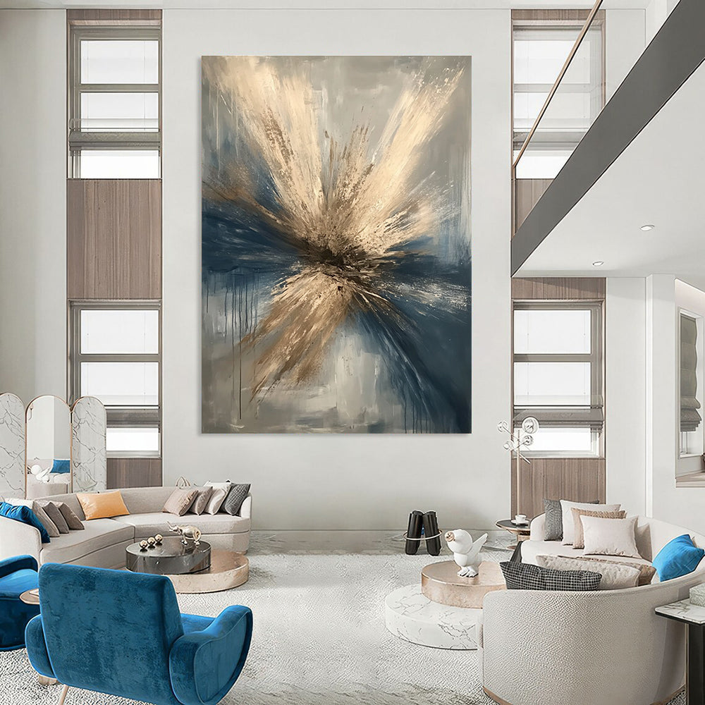 Large abstract painting depicting a winter tornado in beige and dark blue with gray background featuring a detailed metallic focal point suggesting destruction.STSC644