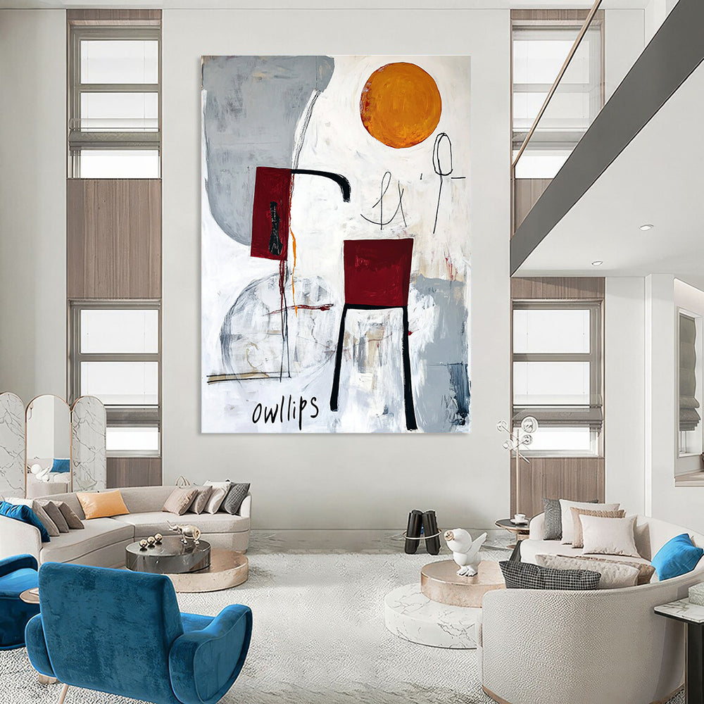 Abstract painting featuring white gray and red with moon chair legs orange circle black ink scribbles and hand drawn Owlips at the bottom.STSC828