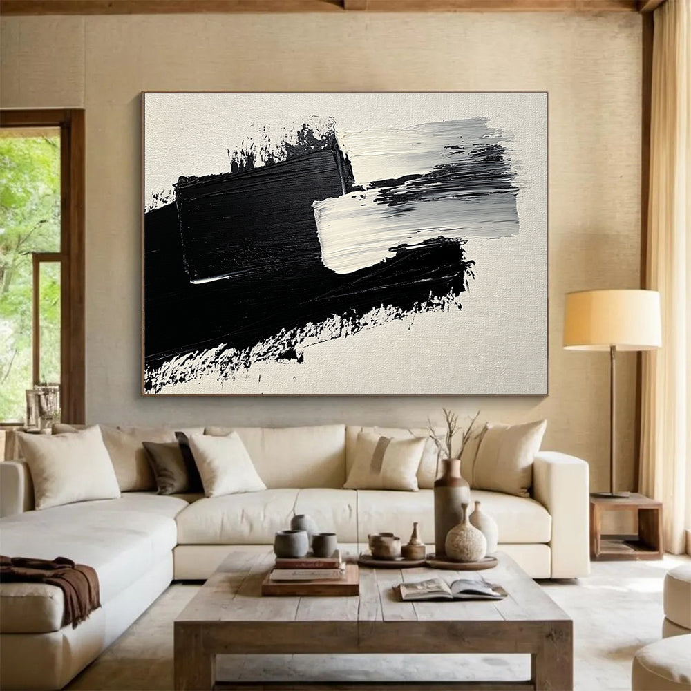 Black White Abstract Strokes Painting with Textured Brushstrokes DYP572