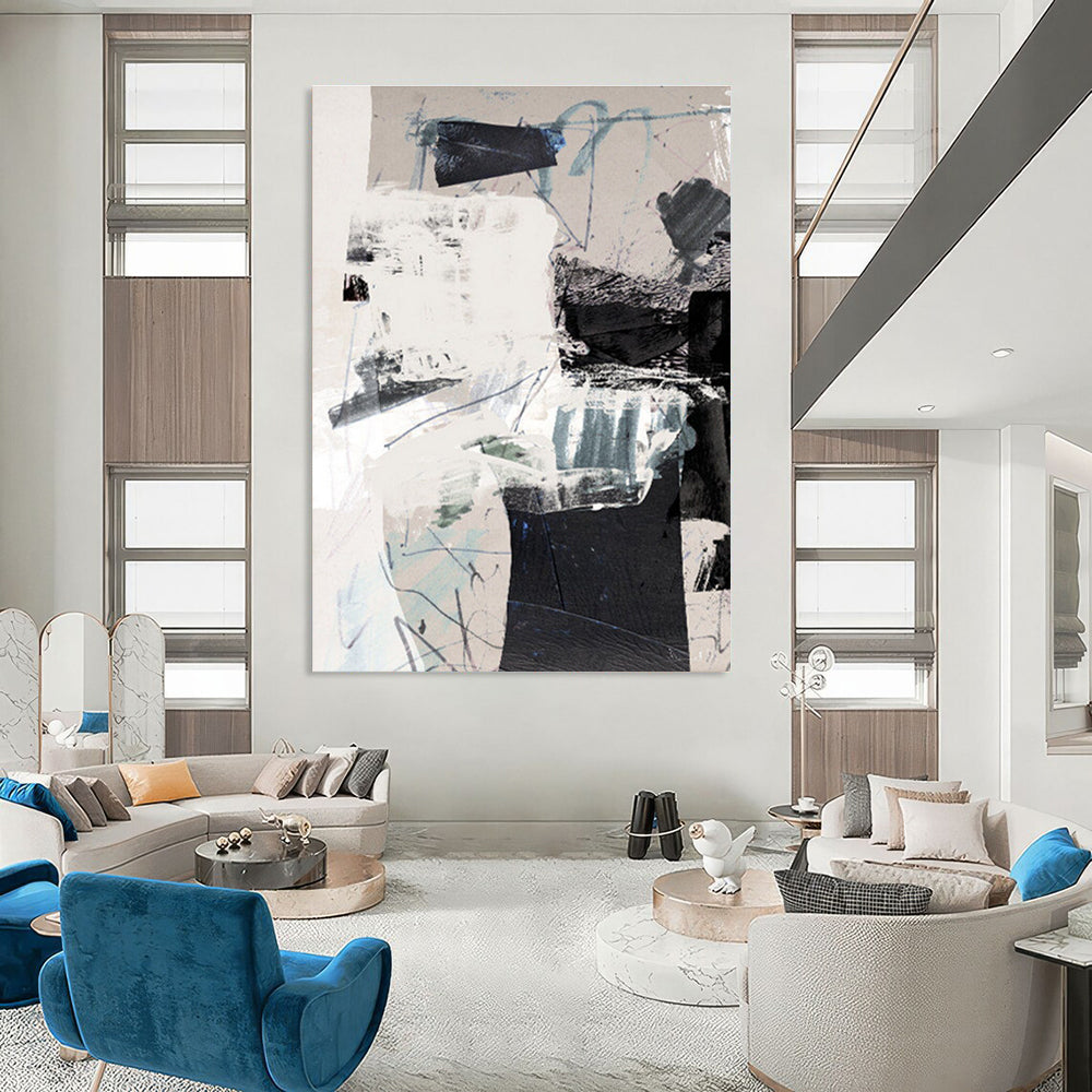 Mixed - media Abstract with Neutral and Blue Tones Painting ADGE194
