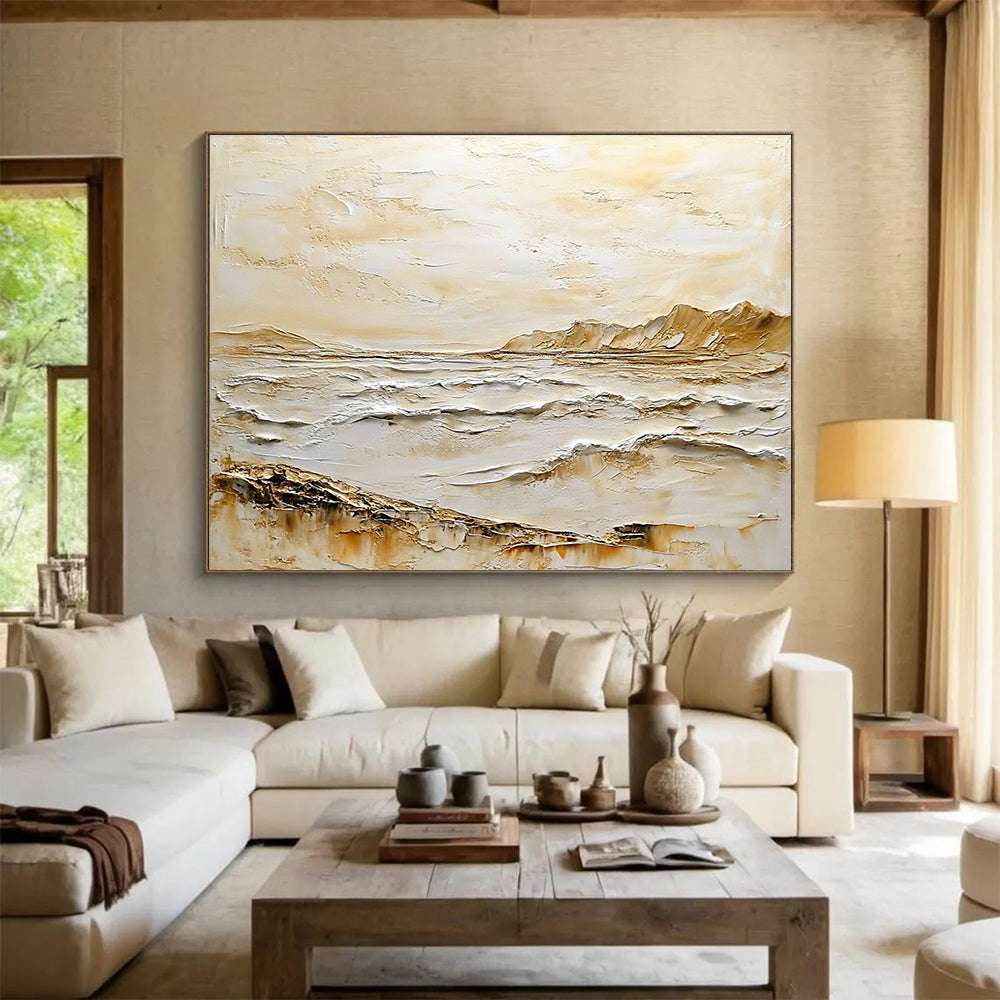 Textured Coastal Landscape Abstract Painting with Beige and White Impasto DYP618