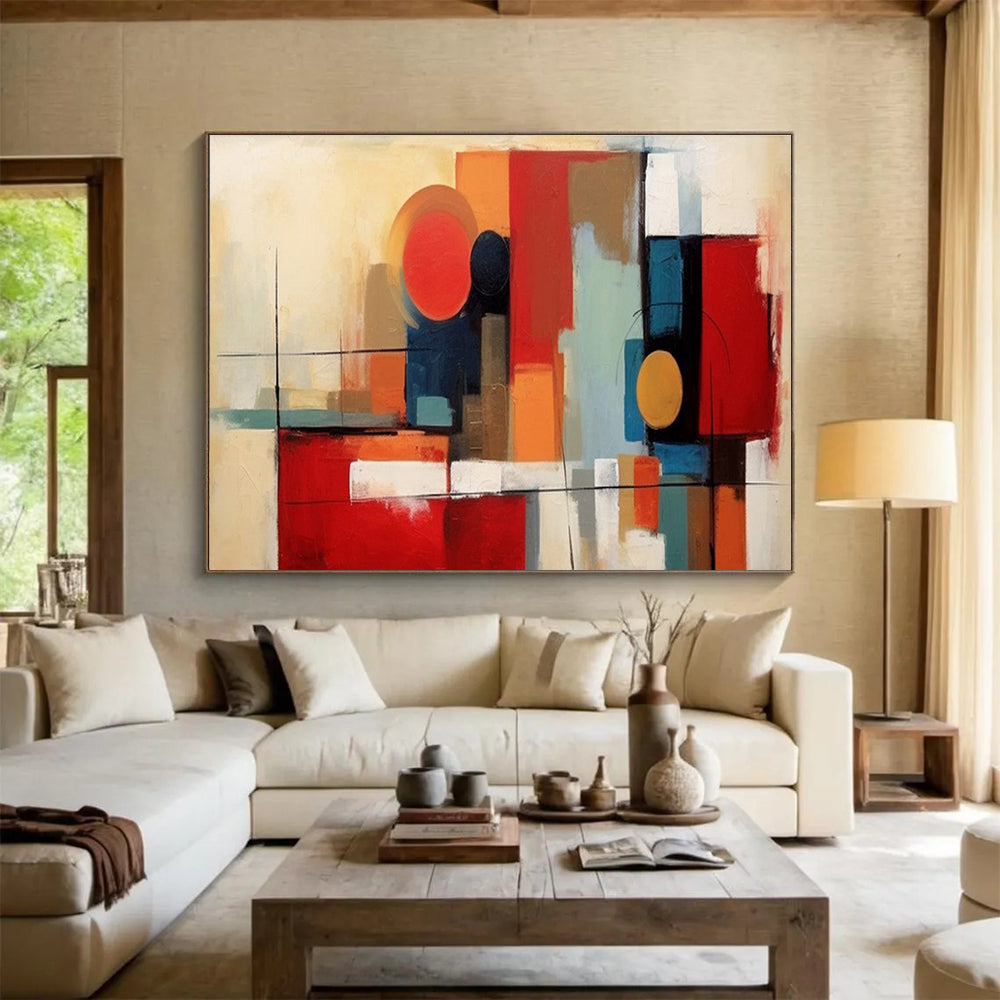 Geometric Abstract Painting with Red, Orange, and Blue Tones THY219