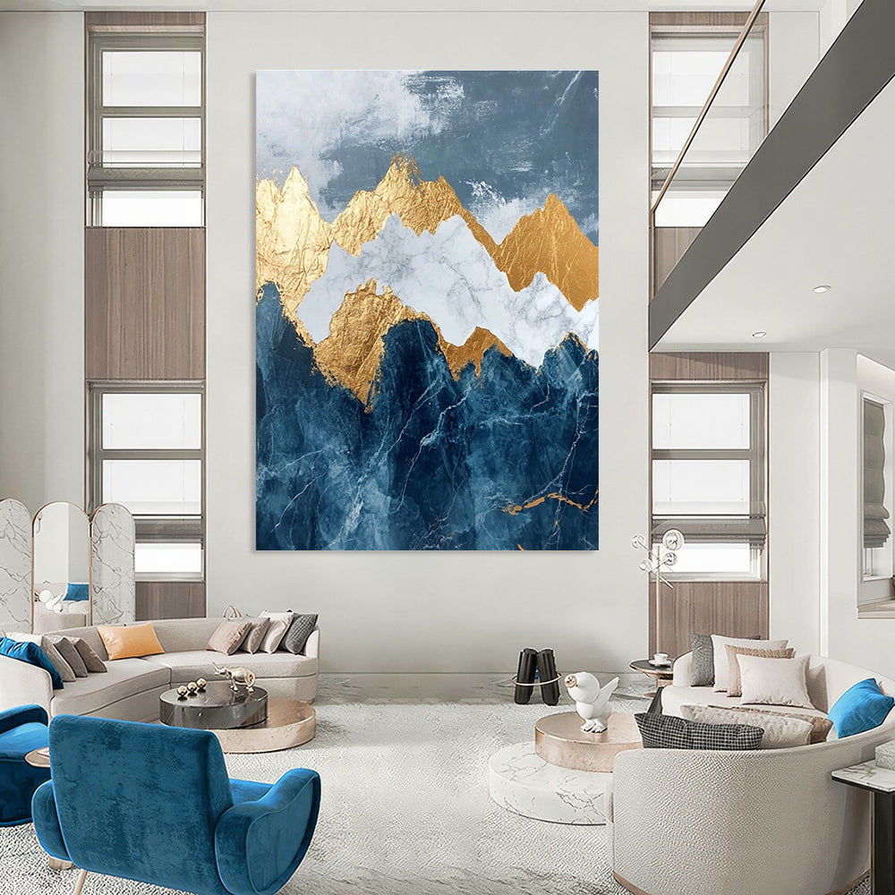 Abstract marble and gold leaf painting of mountains in dark blue and white features intricate details with stunning golden accents.STSC122
