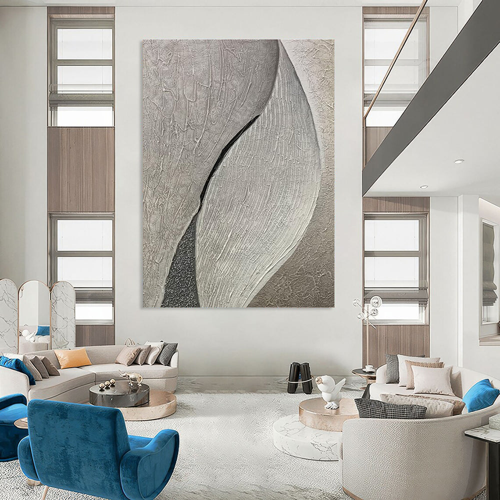 Gray Textured Leaf - like Abstract Painting with Tactile Surfaces ADGE524
