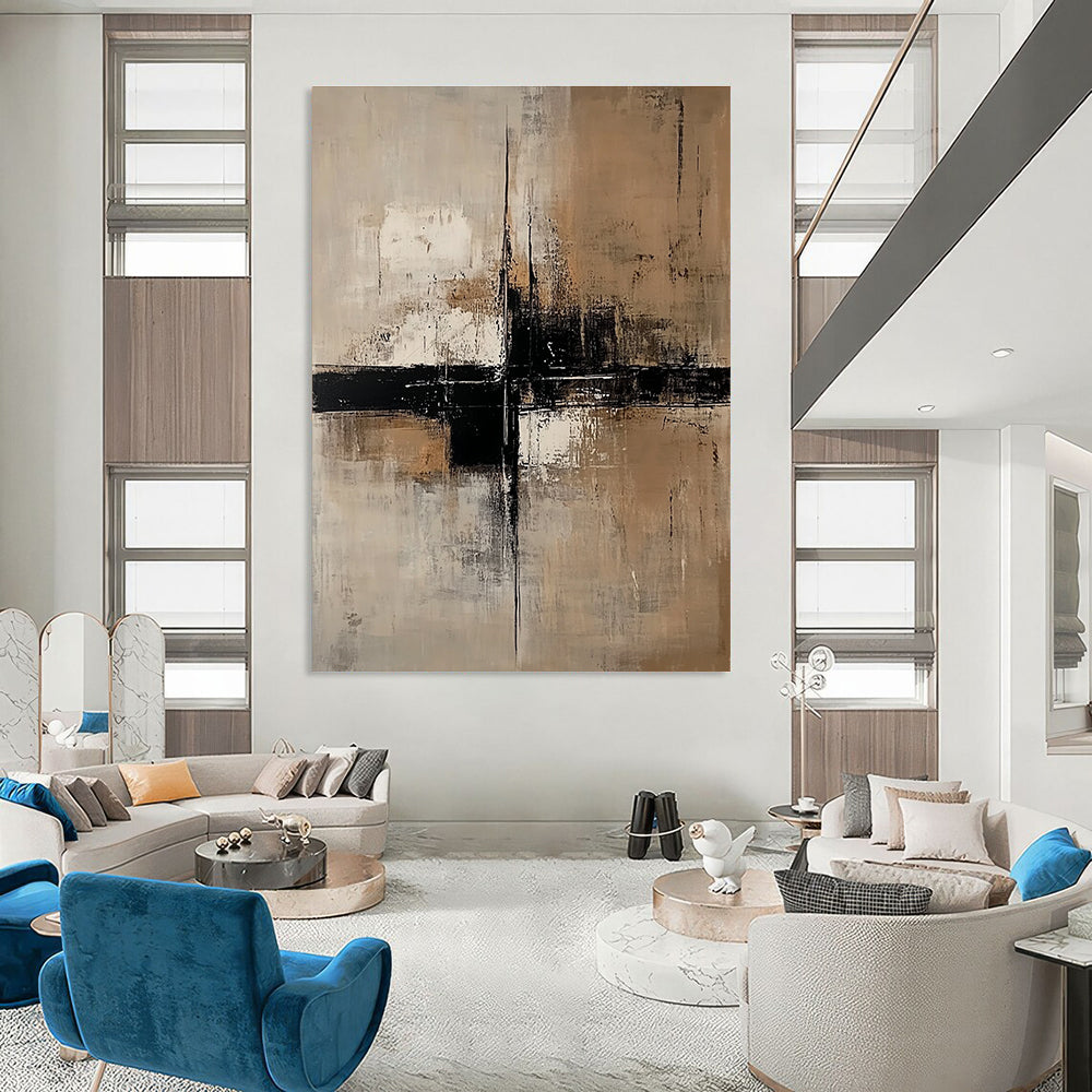 Large abstract painting featuring neutral tones of beige and white with black accents and large vertical lines on a dark gray background.STSC238