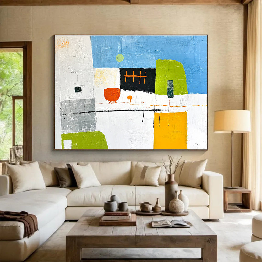 Abstract modern painting featuring architectural elements in green and yellow accents with orange lines grey buildings and a blue sky on a white background.SC099