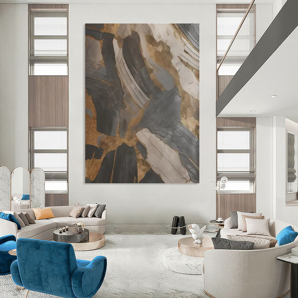 Black, Gray, and Gold Abstract Painting with Textured Layers ADGE137