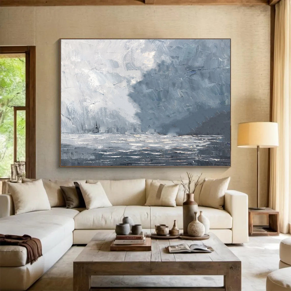 Misty Sea Abstract Painting with Gray and White Tones THY317