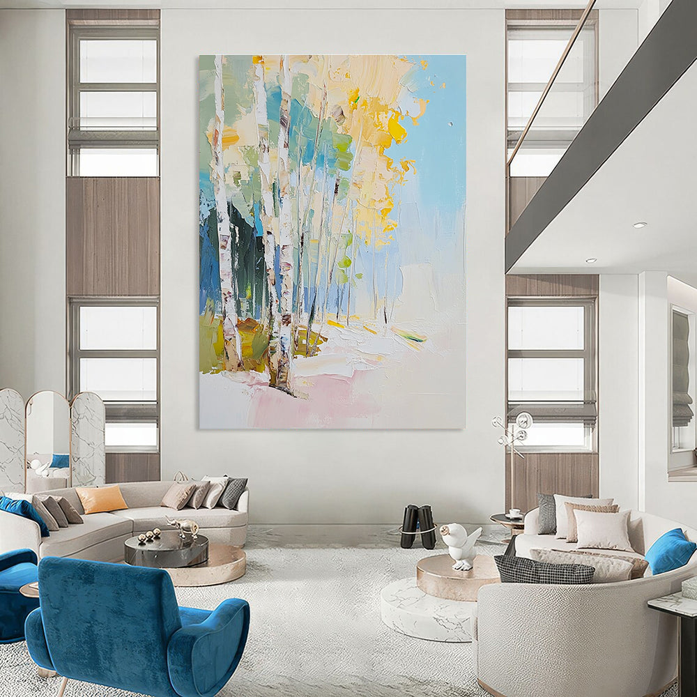 Large abstract oil painting of birch trees with a light blue sky white yellow leaves and white snow featuring impasto brushstrokes.STSC180