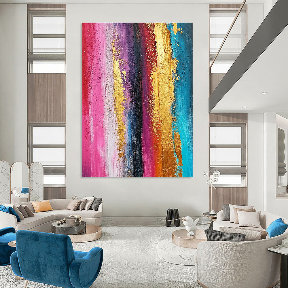 Large abstract painting featuring textured ombre rainbow colors with gold foil accents and a grunge background in vertical stripes.STSC733