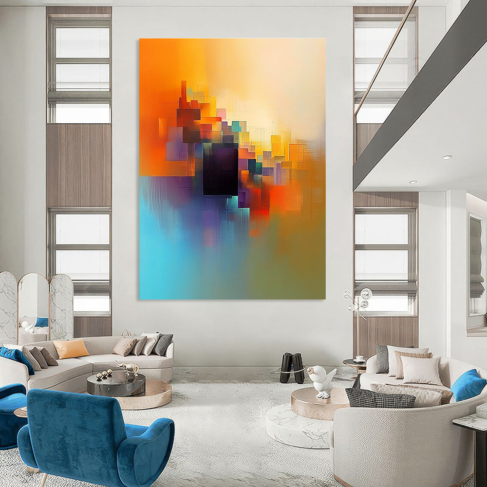 Large abstract painting featuring light orange blue and yellow colors with a serene cityscape and a central dark brown cube.STSC687