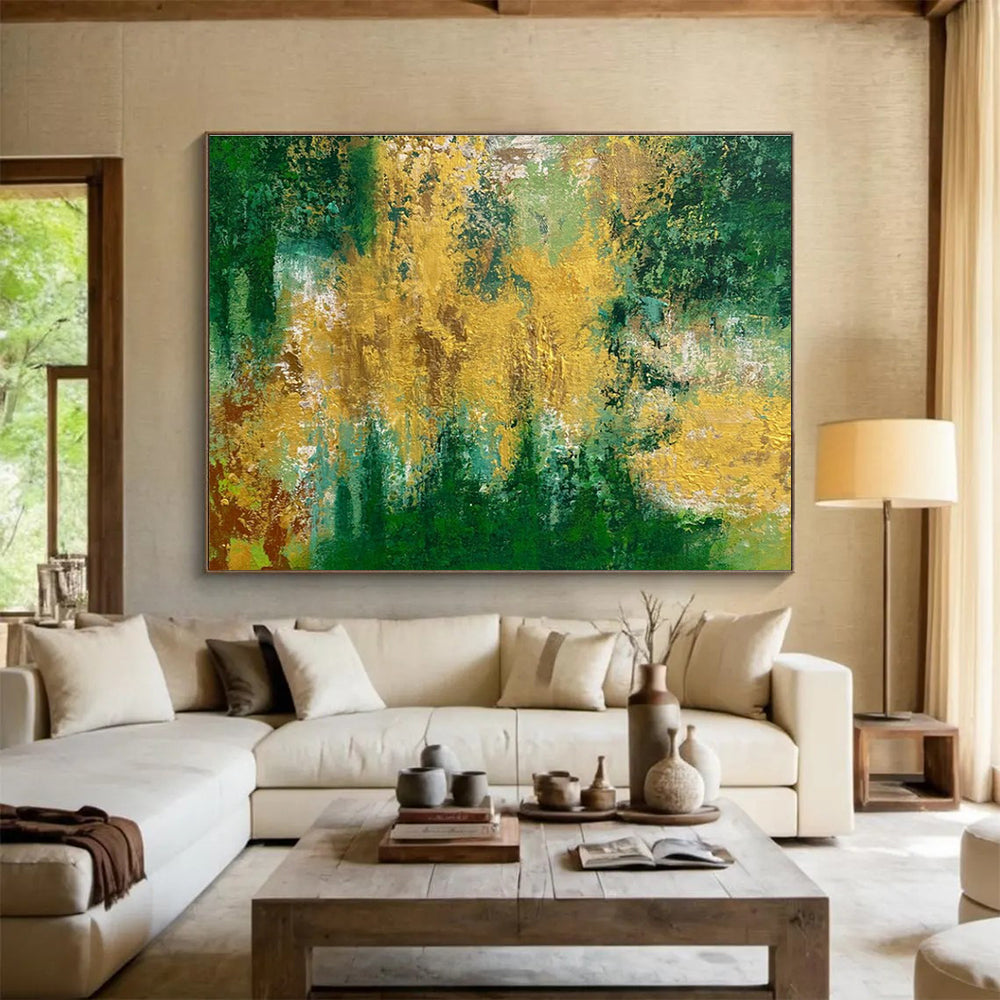 Green Gold Abstract Painting with Lush, Forest - Like Energy THY375