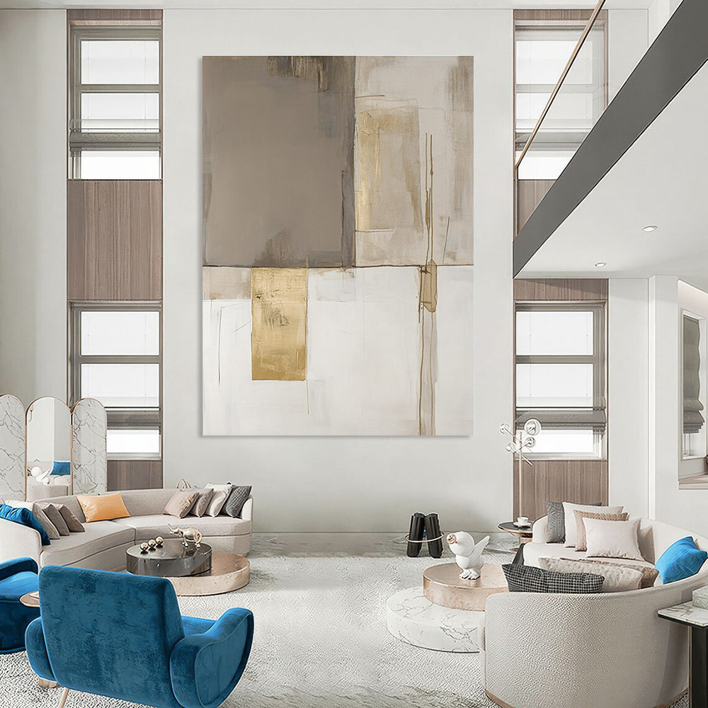 Large abstract painting in minimalist style featuring beige and white blocks with gold accents in soothing neutral tones.STSC245