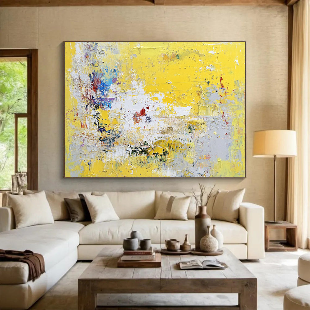 Large abstract painting in yellow and grey with hints of blue green white and red soft textured brushstrokes evoking nostalgia and contemplation.SC370