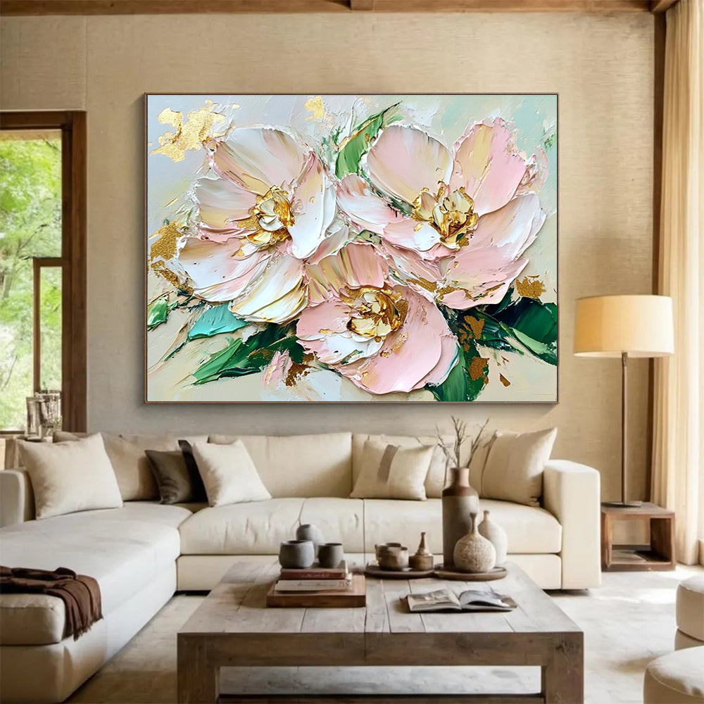 Textured Pink Flowers Abstract Painting with Gold Accents DYP282