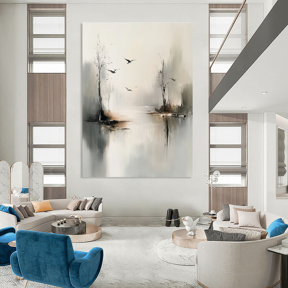 Large abstract painting of trees and birds over water in gray tones with a minimalist style and dreamy mood.STSC351