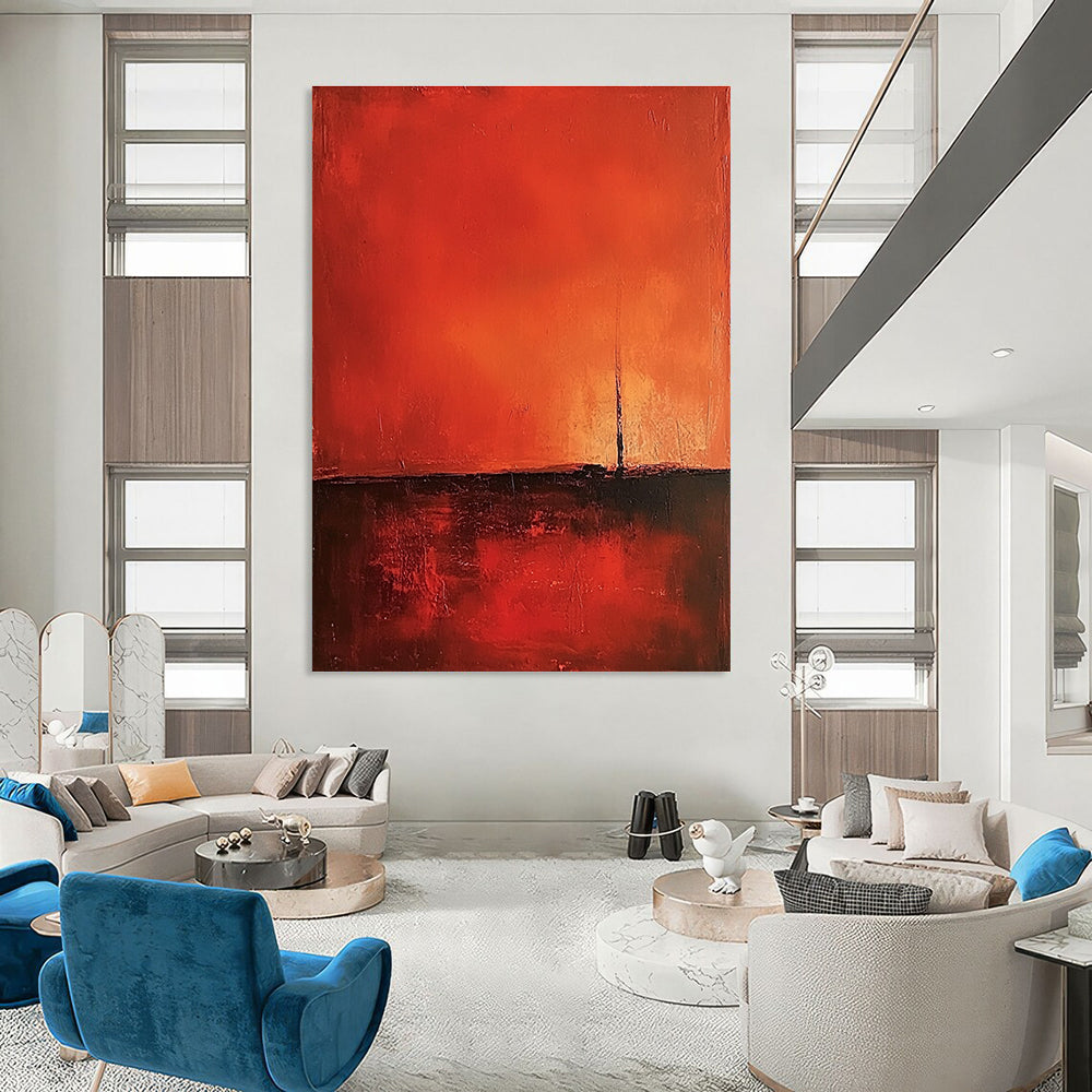 Abstract oil painting featuring a minimalist red background with warm tones and heavy brush strokes in a vintage style.STSC1377