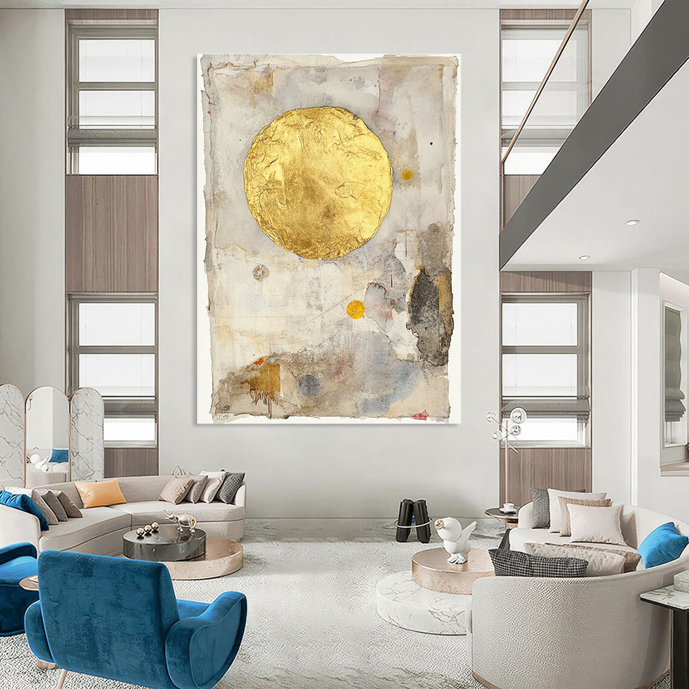 Abstract painting of a golden sun on vintage paper with gold leafing and soft pastel watercolor washes in a minimalist style.STSC286