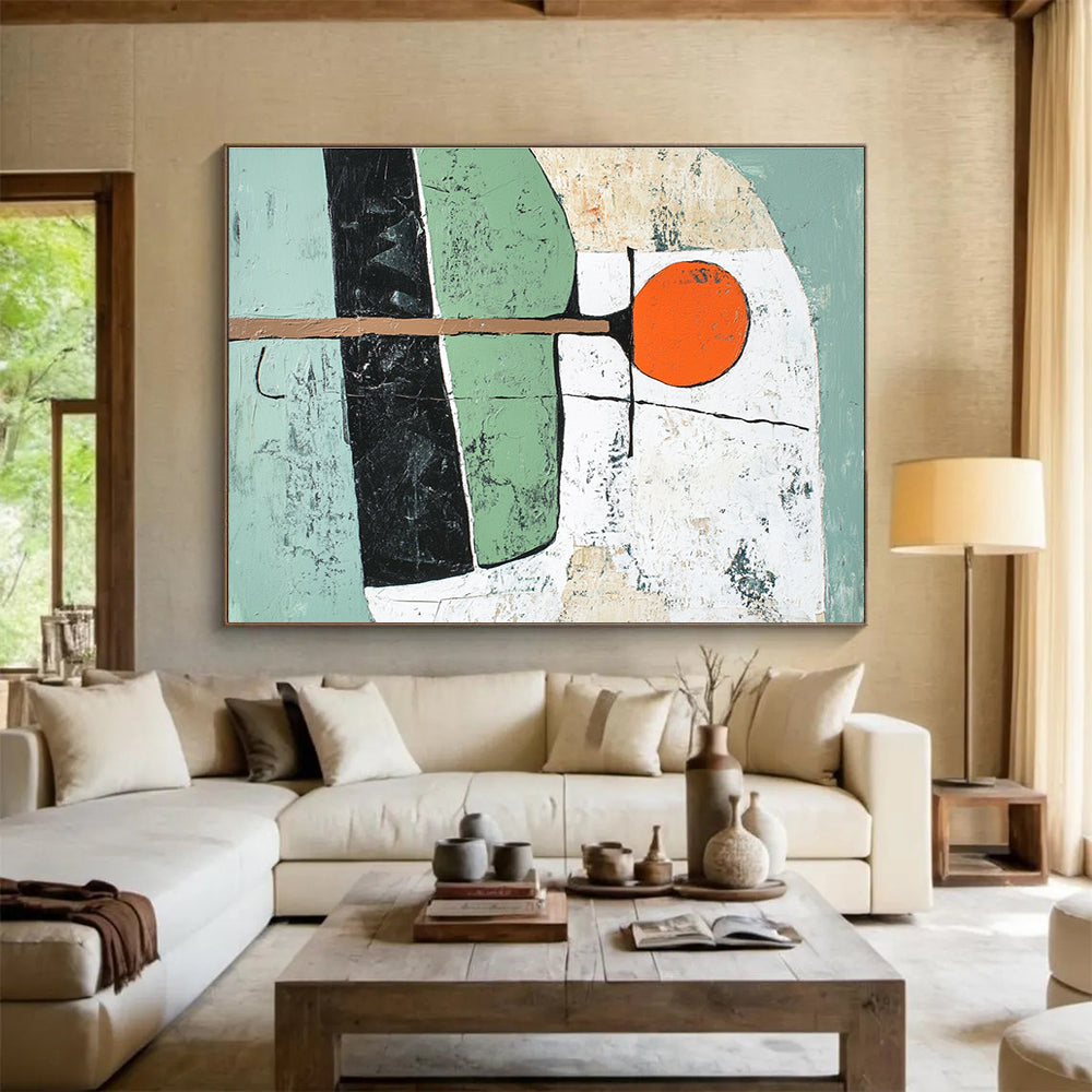Geometric Shapes Abstract Painting with Green Black and Orange Tones DYP351