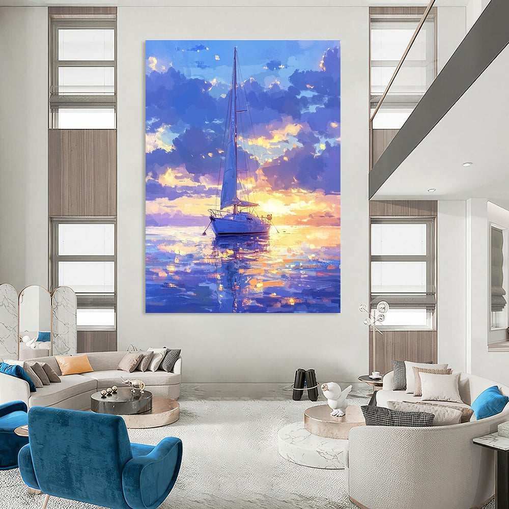 A large abstract painting featuring a sailboat on a dreamy sea under a soft blue sky with glowing water reflections and ethereal colors.STSC1170