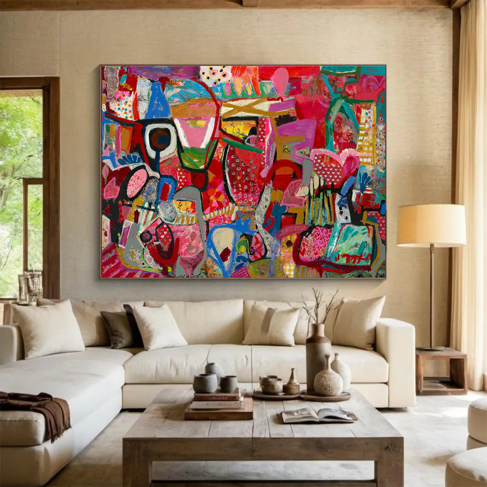 Playful Abstract Painting with Pink, Red, and Colorful Patterns THY239