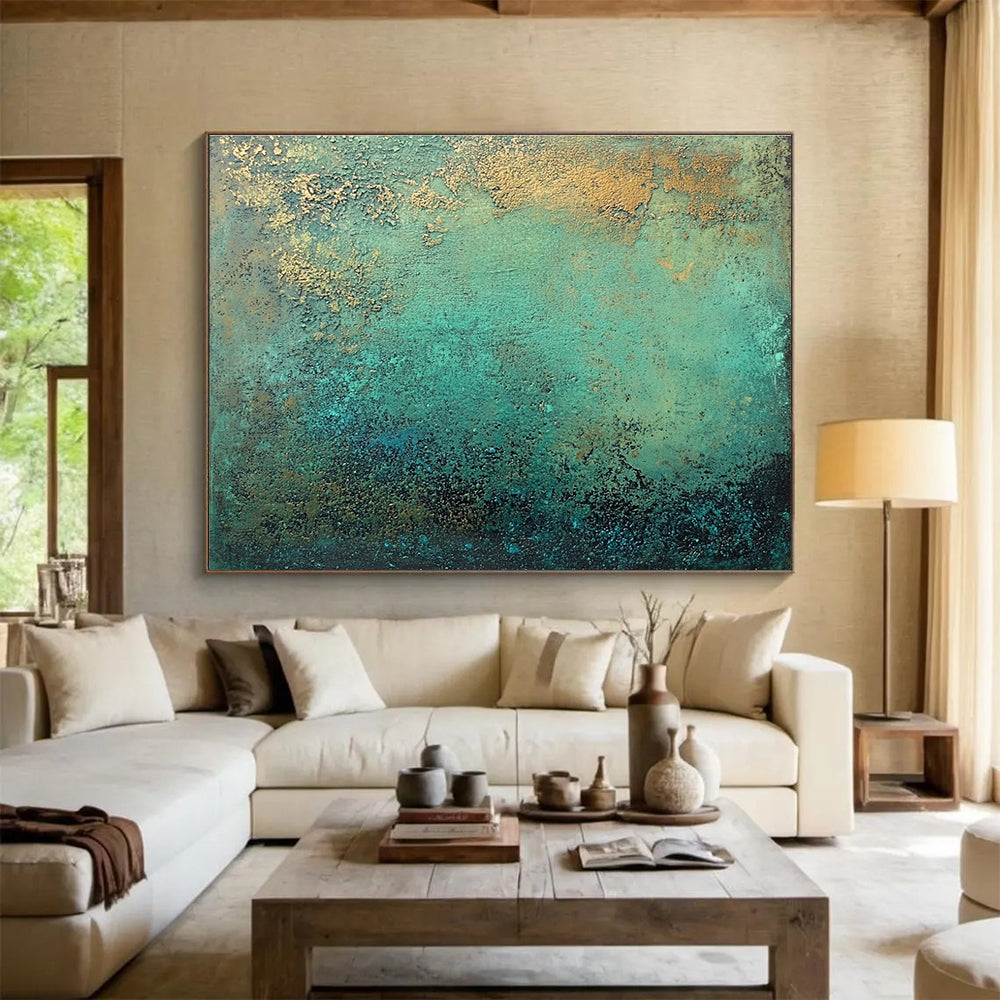 Green and Gold Textured Abstract Painting with Earthy Tones DYP590