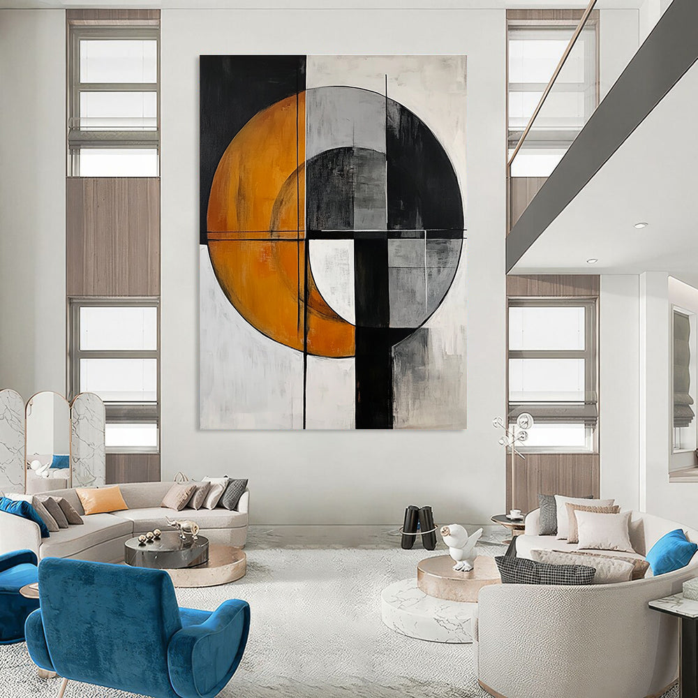 Abstract painting featuring a gray circle and orange half-moon with harmonious colors and geometric shapes in a minimalistic composition.STSC208
