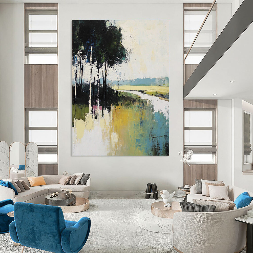 Large abstract painting featuring muted greens blues and whites depicting tranquil nature with tall trees and a serene river flowing through grassy fields.STSC100