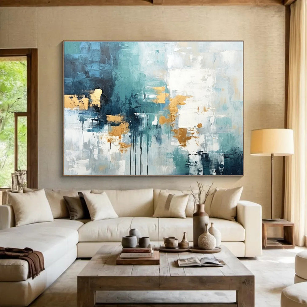 Teal Grey Gold Abstract Painting THY072