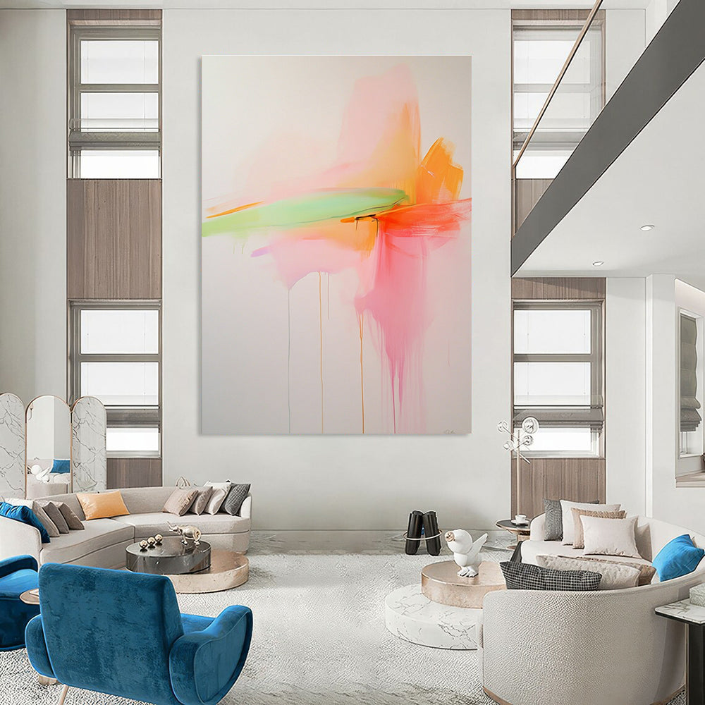 Large abstract painting with soft pink orange and green hues on a white background in minimalistic style inspired by Priscilla Creedman.STSC797