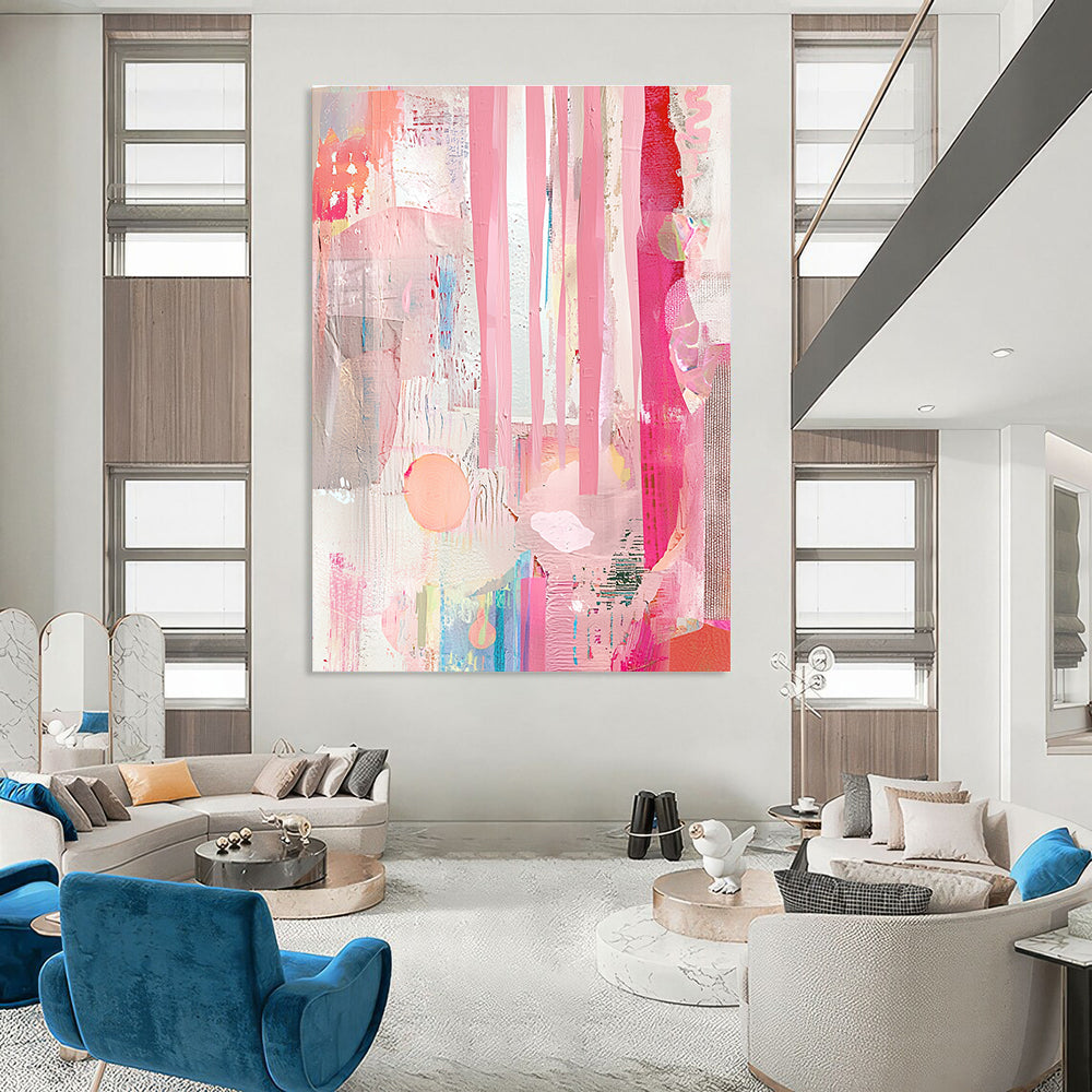 A large abstract collage featuring pink curtains and a window, adorned with soft pastel colors and minimalistic interior design details.STSC1232