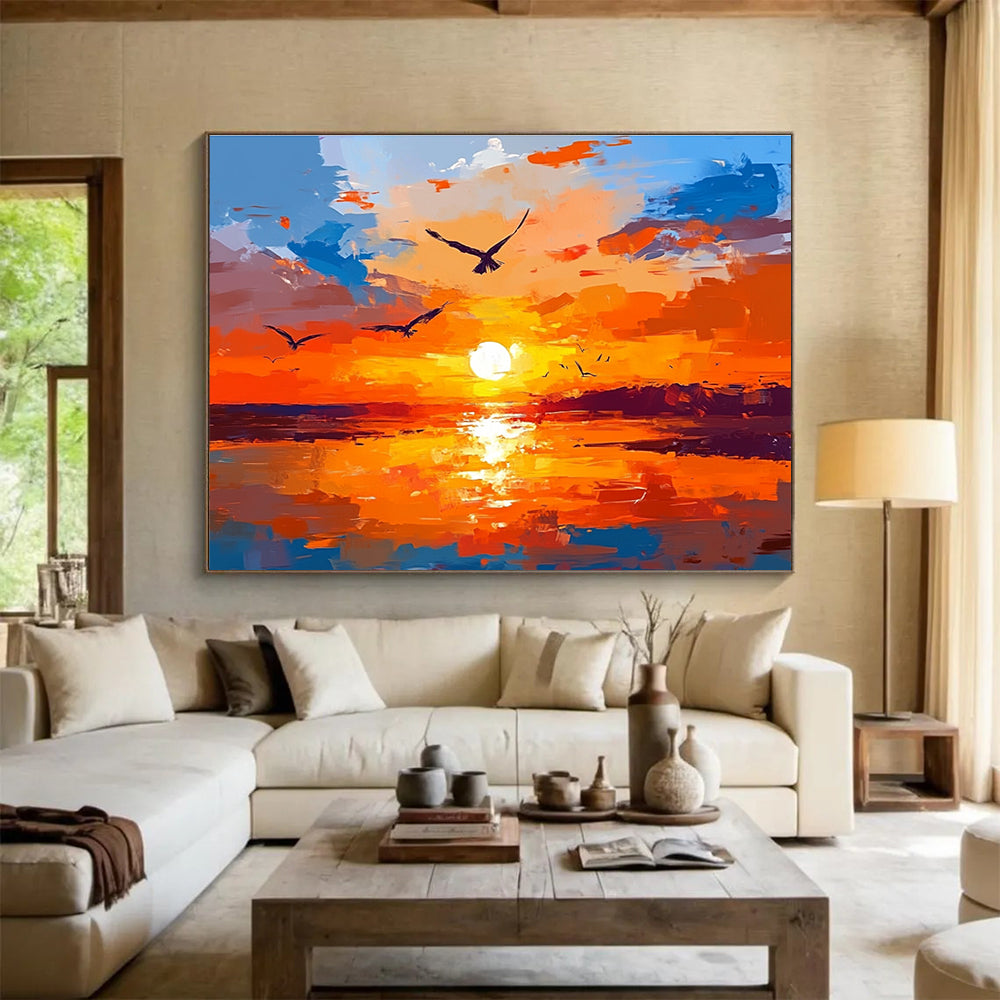 Vibrant Sunset with Birds Abstract Painting in Orange and Blue DYP443
