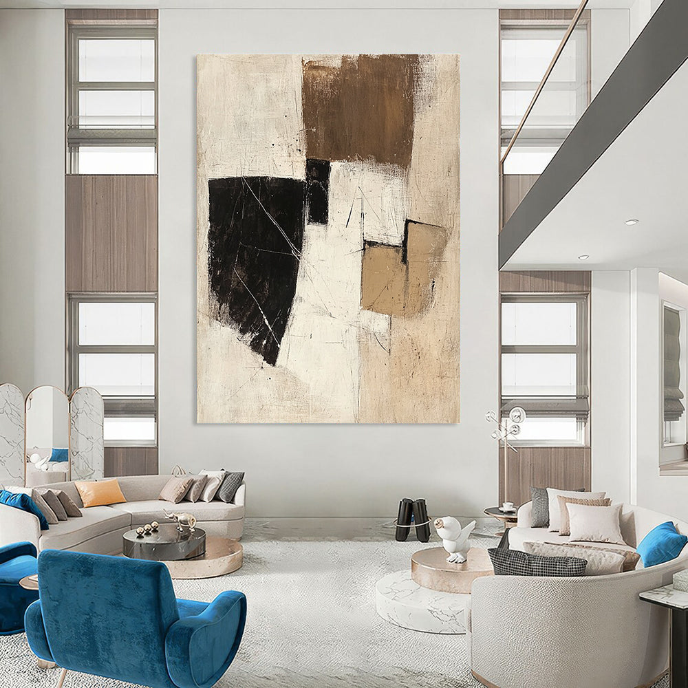 Large abstract painting in beige white and black featuring small brown squares and textured brush strokes evokes calmness and a mysterious spacecraft atmosphere.STSC738