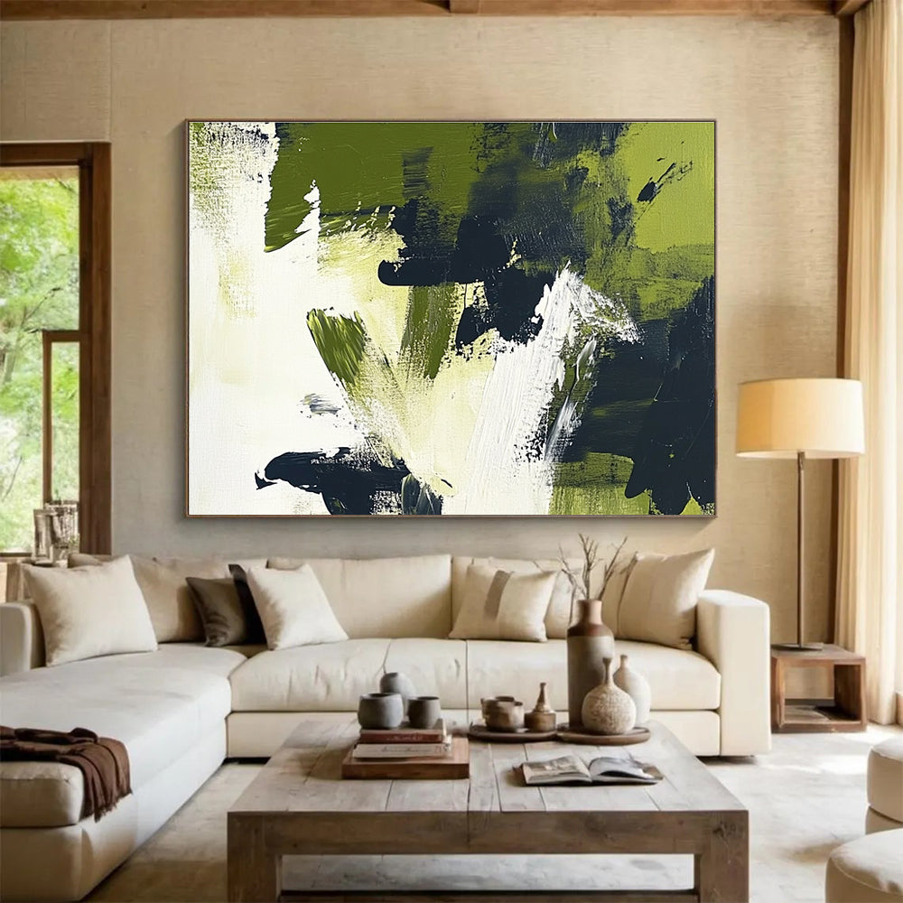 Large abstract painting featuring olive green and black brush strokes on white background, embracing minimalism and the essence of nature.SC248