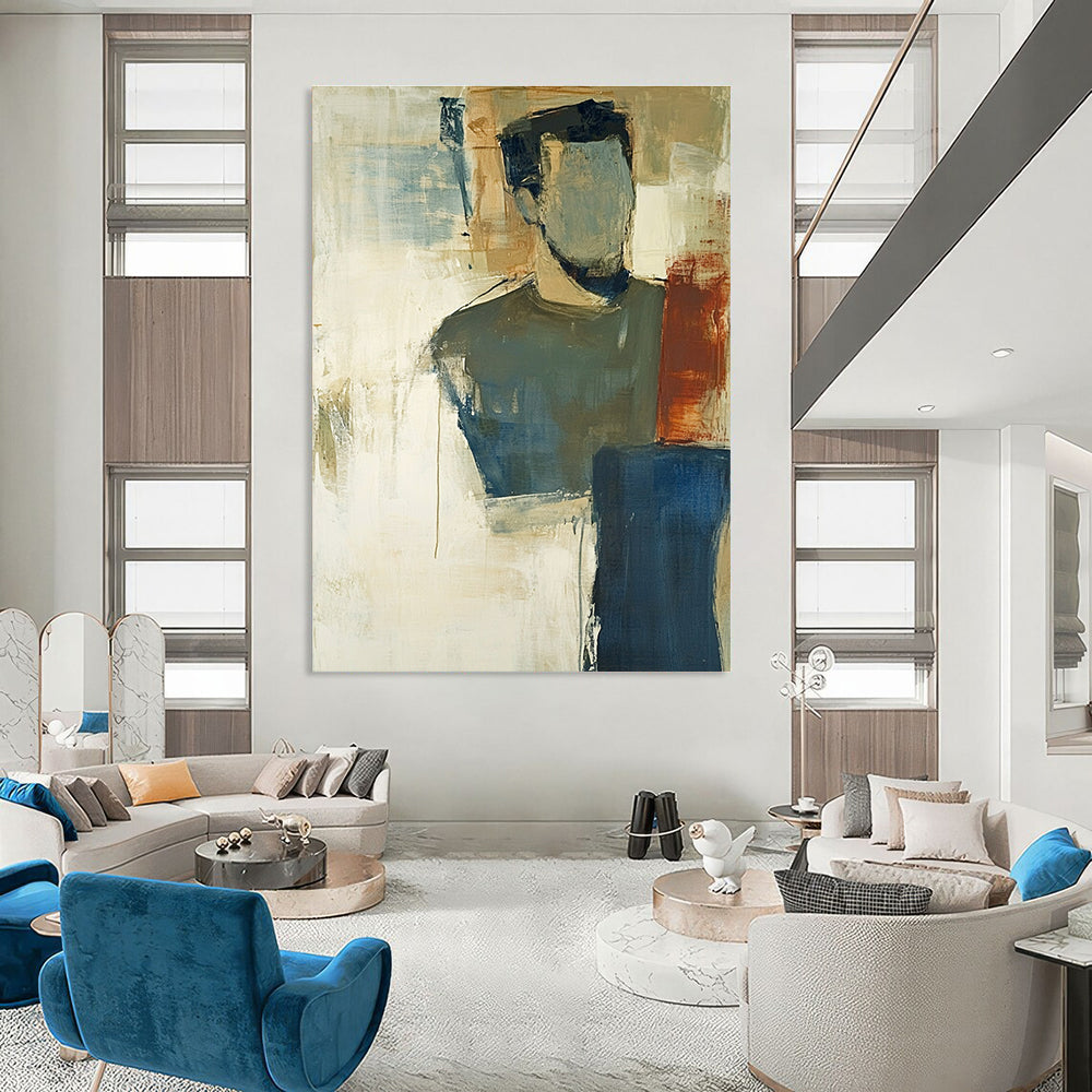 A large abstract painting in earth tones and soft blue with thick impasto strokes and blurred edges showcasing tonalism.STSC624