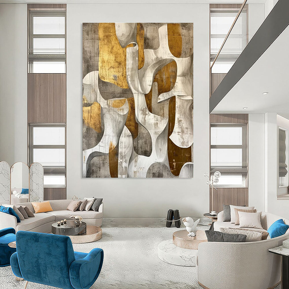 Gold Grey White Abstract Geometric Painting ADGE011