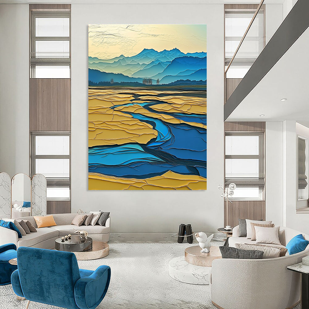 Large Abstract Painting Depicting A Surreal Winter Landscape With The Yellow River Distant Mountains And Vibrant Colors In A Layered Composition.STSC1438