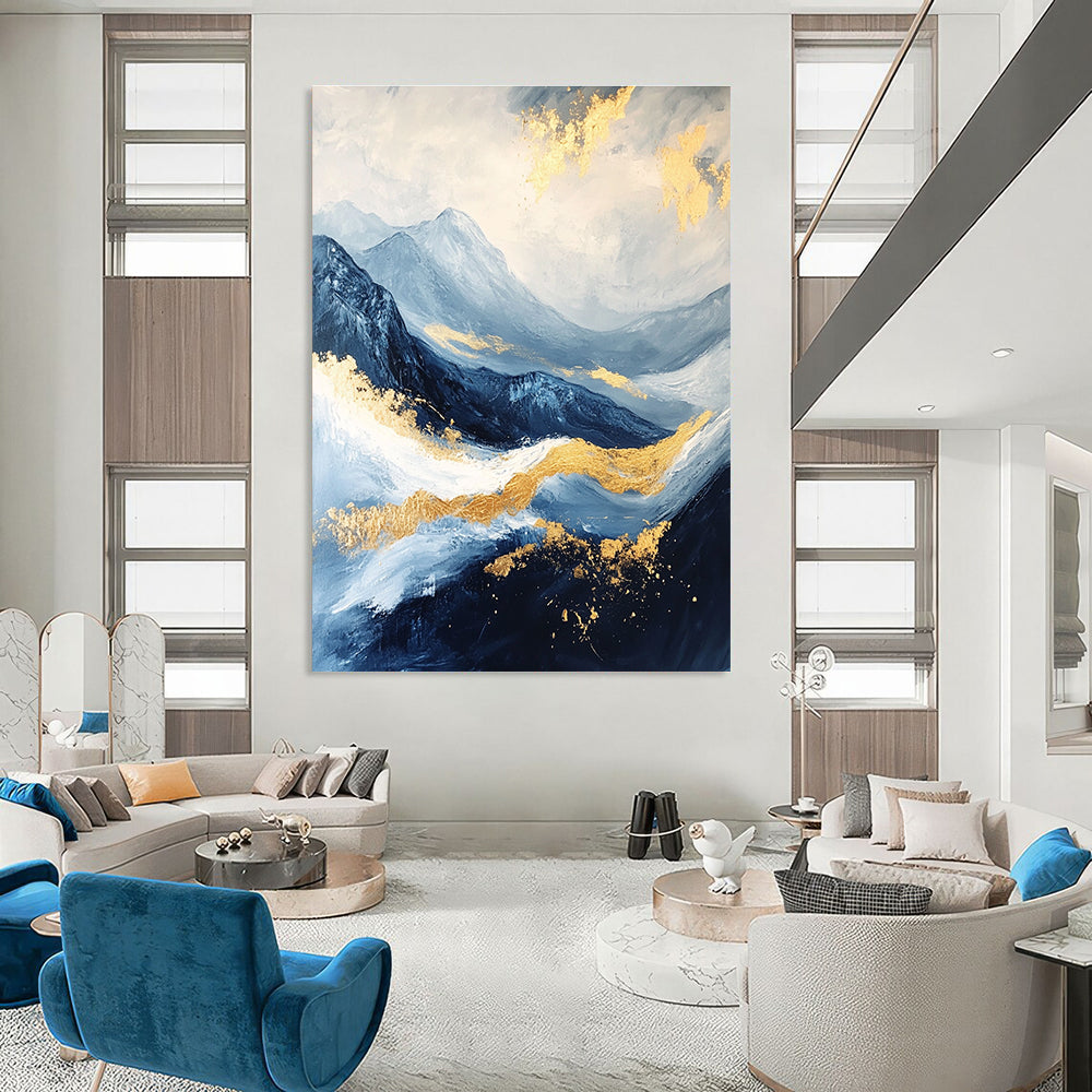 Abstract Blue and Gold Mountain Landscape Painting featuring a white sky, golden waves, dark blue clouds, and black rocks beautifully detailed.STSC030