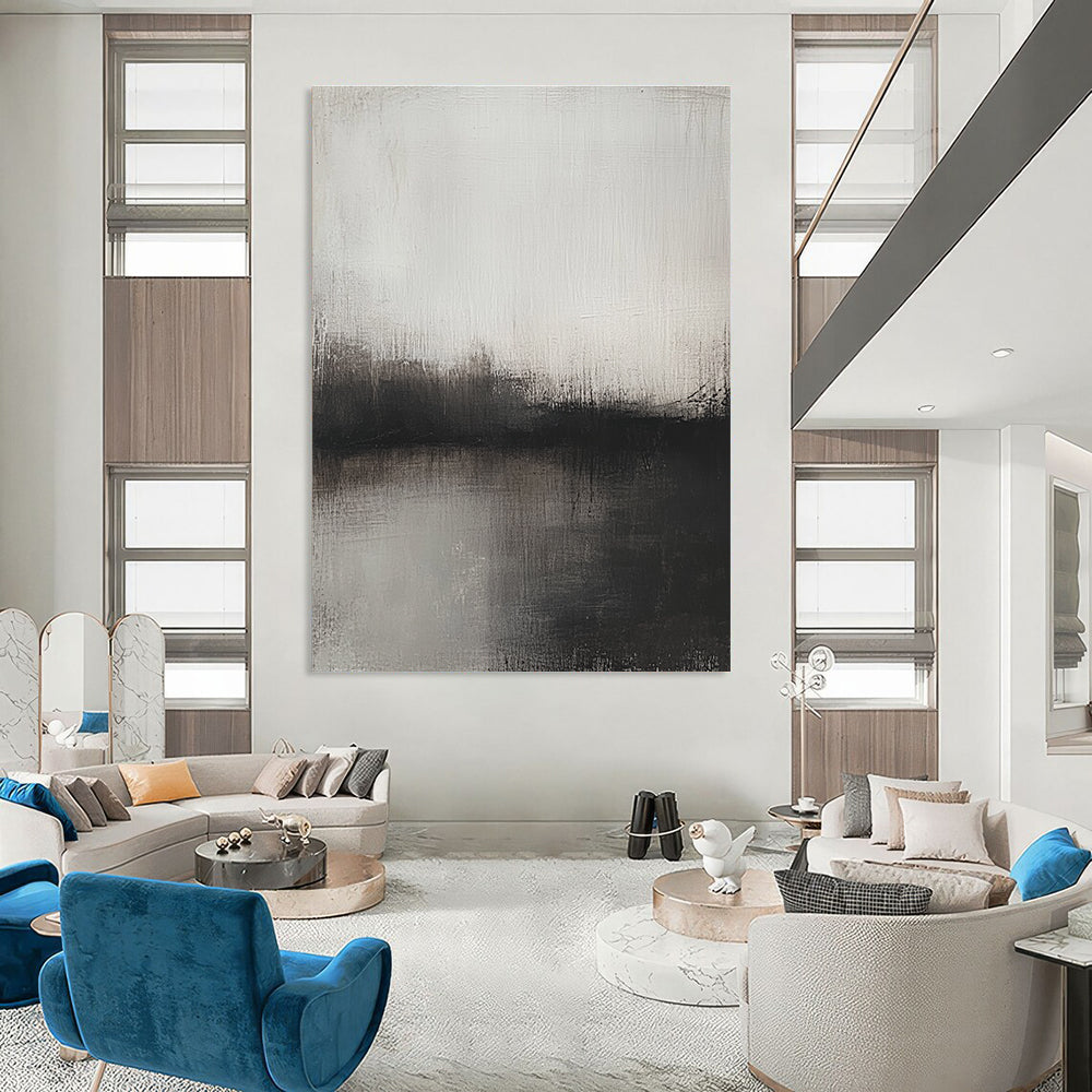 Big abstract painting featuring soft gray and brown tones depicting a blurred landscape at dusk evoking tranquility and serenity.STSC127