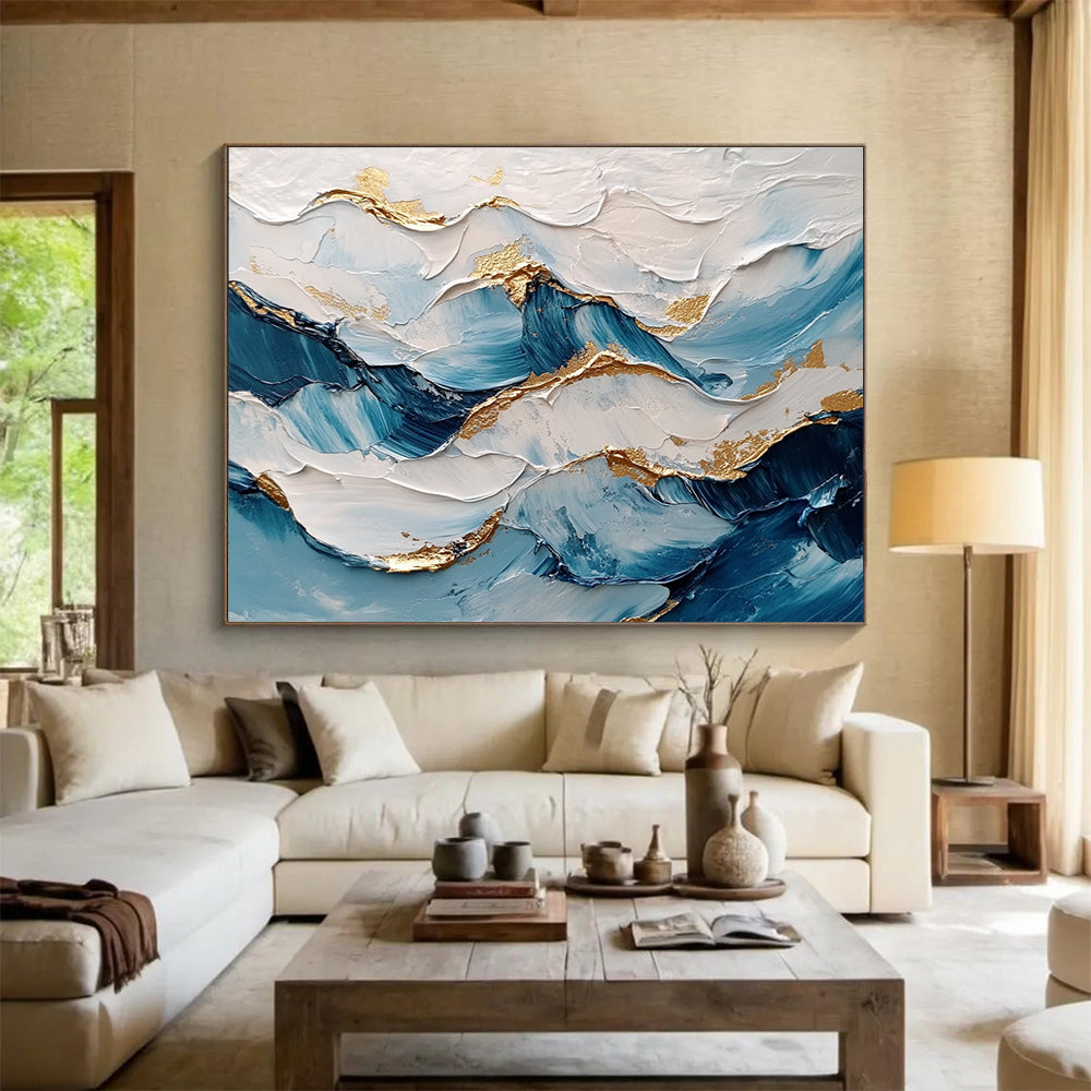 Wave - like Blue White Gold Abstract Painting with Metallic Accents DYP261