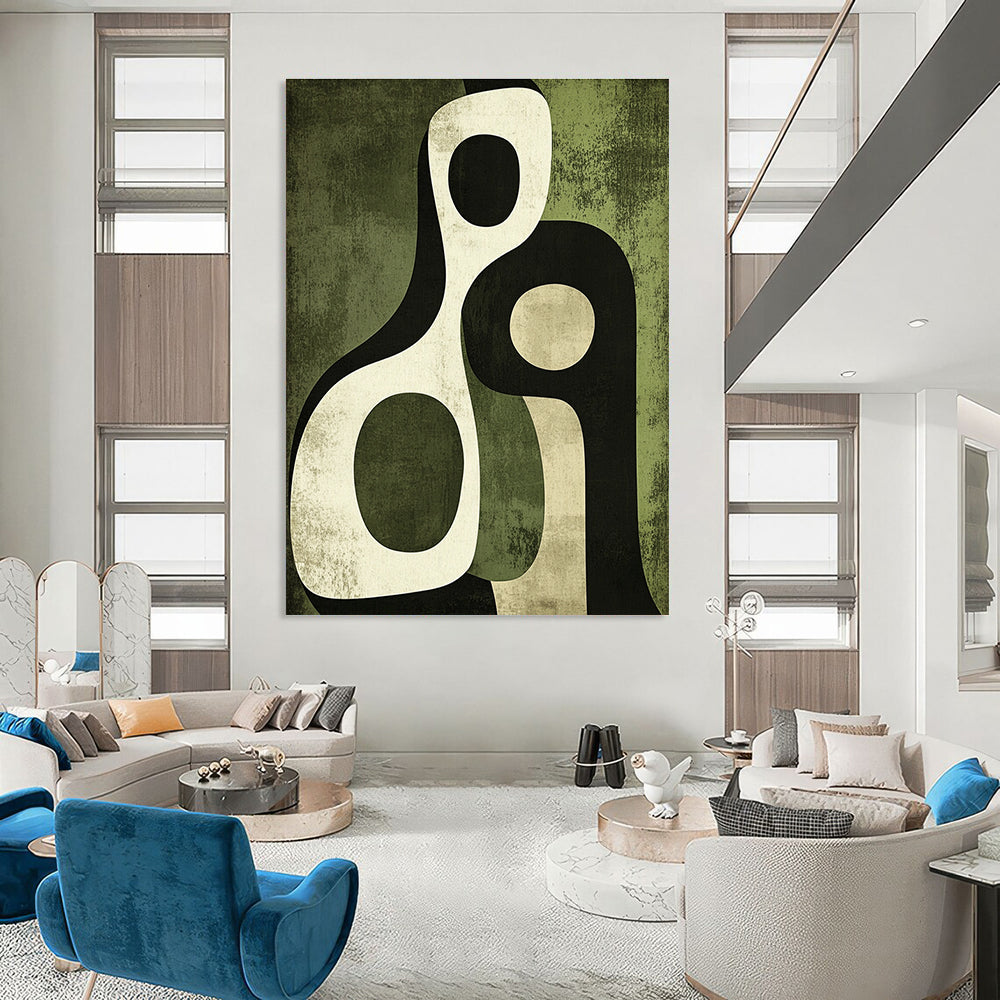 Abstract art piece featuring interlocking arches in olive green and black with soft edges and organic forms in warm and cool tones.STSC476