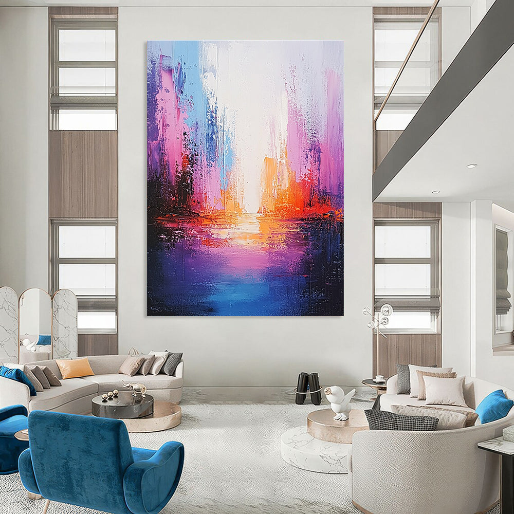 Large abstract painting of an ocean in light purple and pink with a tall illuminated building creating a soothing ethereal atmosphere.STSC264