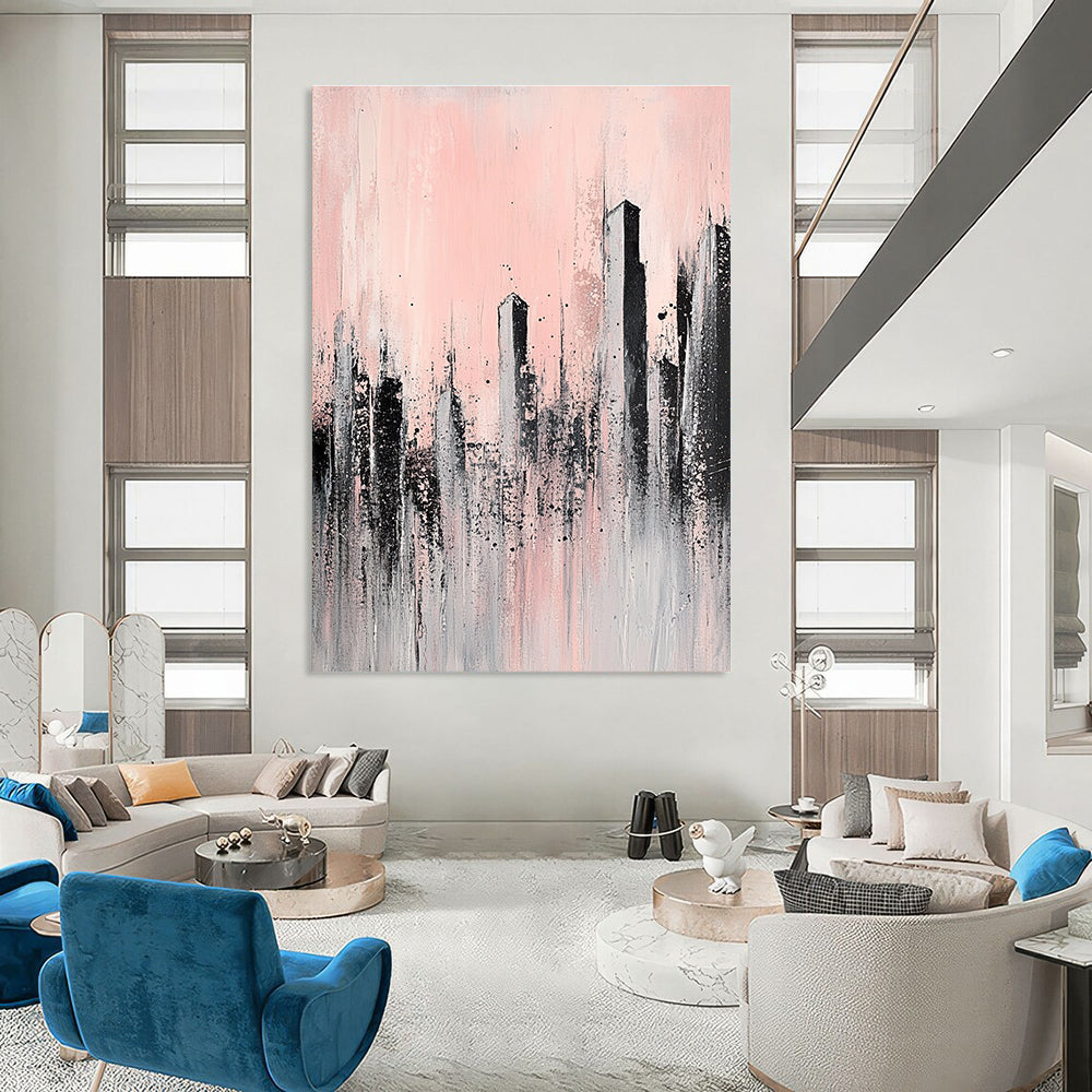 Large abstract painting of skyscrapers in pale pink and grey featuring unique textures that evoke a sense of urban elegance and tranquility.STSC332