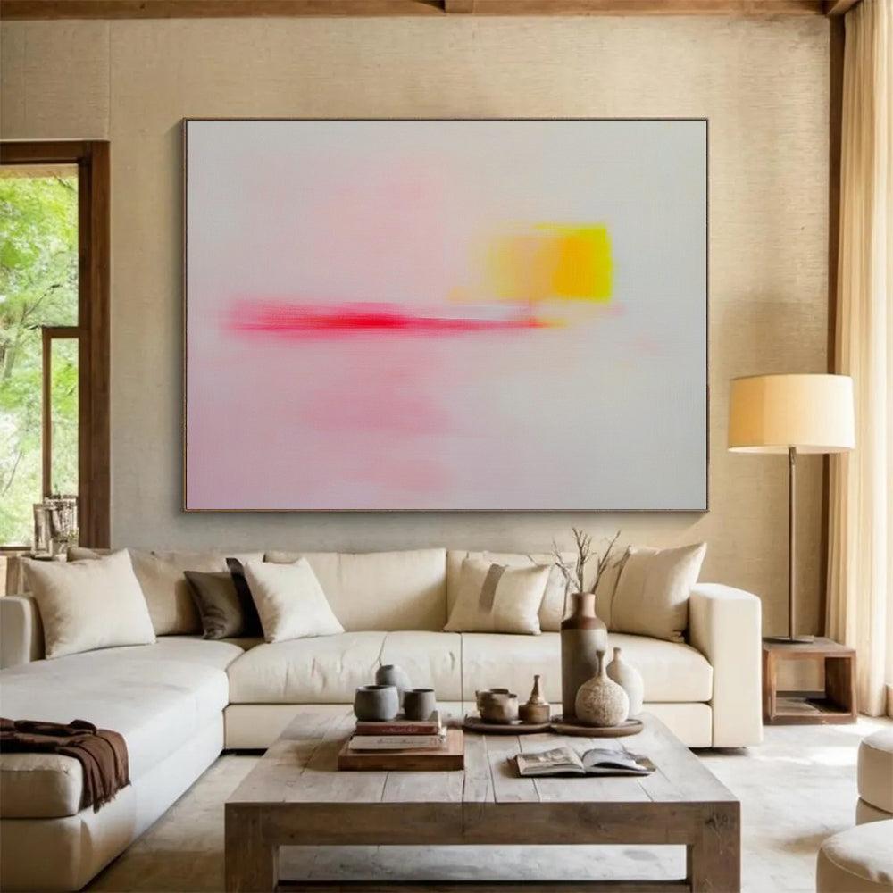 Large abstract painting with pink yellow and red soft edges on white background, emotional minimalism creating a tranquil joyful atmosphere.SC251
