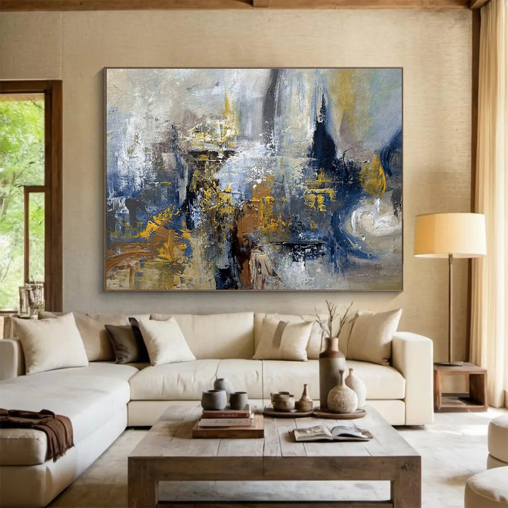 Blue Gray Gold Abstract Painting with Industrial Abstraction THY339