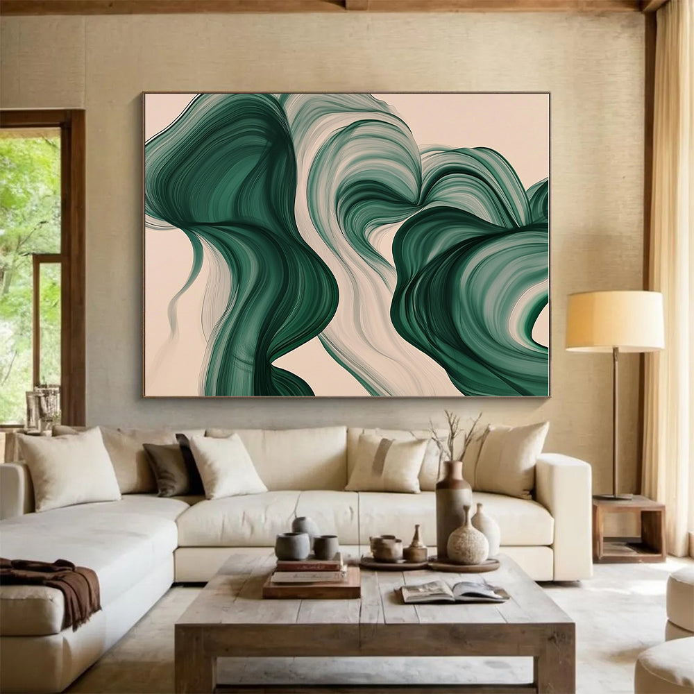 Green and White Abstract Painting with Flowing Ribbons GER423