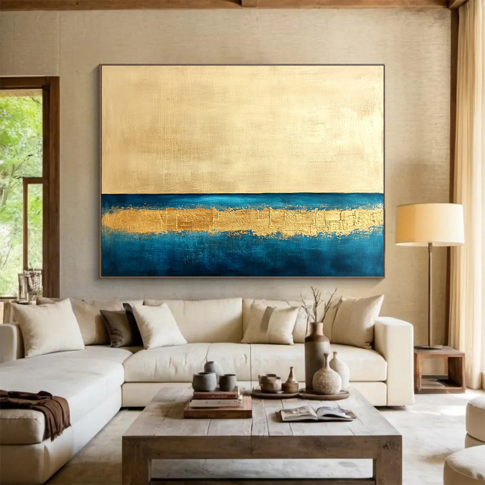 Gold and Blue Minimalist Abstract Painting with Textured Gold Band DYP314