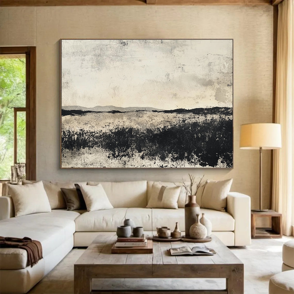 Black and White Landscape Abstract Painting with Textured Surfaces DYP176