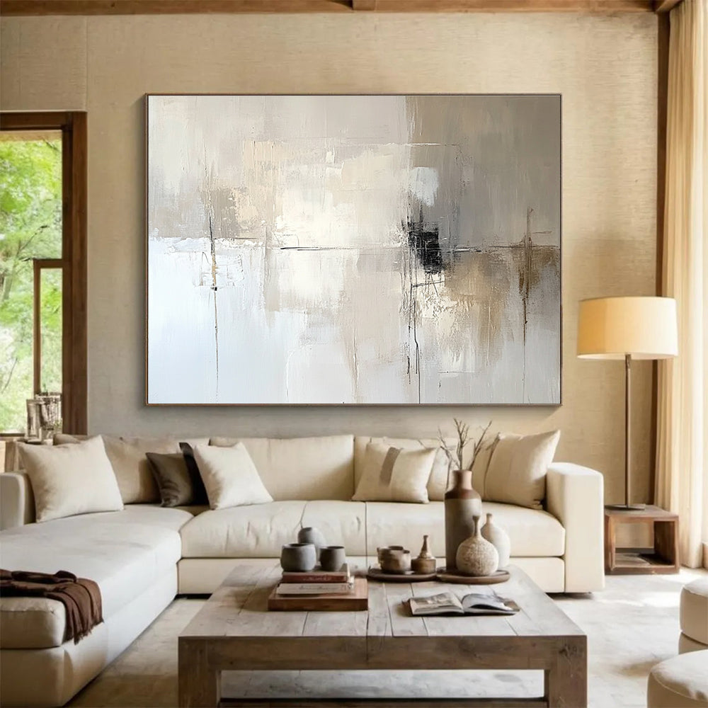 Large abstract painting in soft tones features a neutral color palette against a calming background, perfect for enhancing any space with artistic elegance.SC291