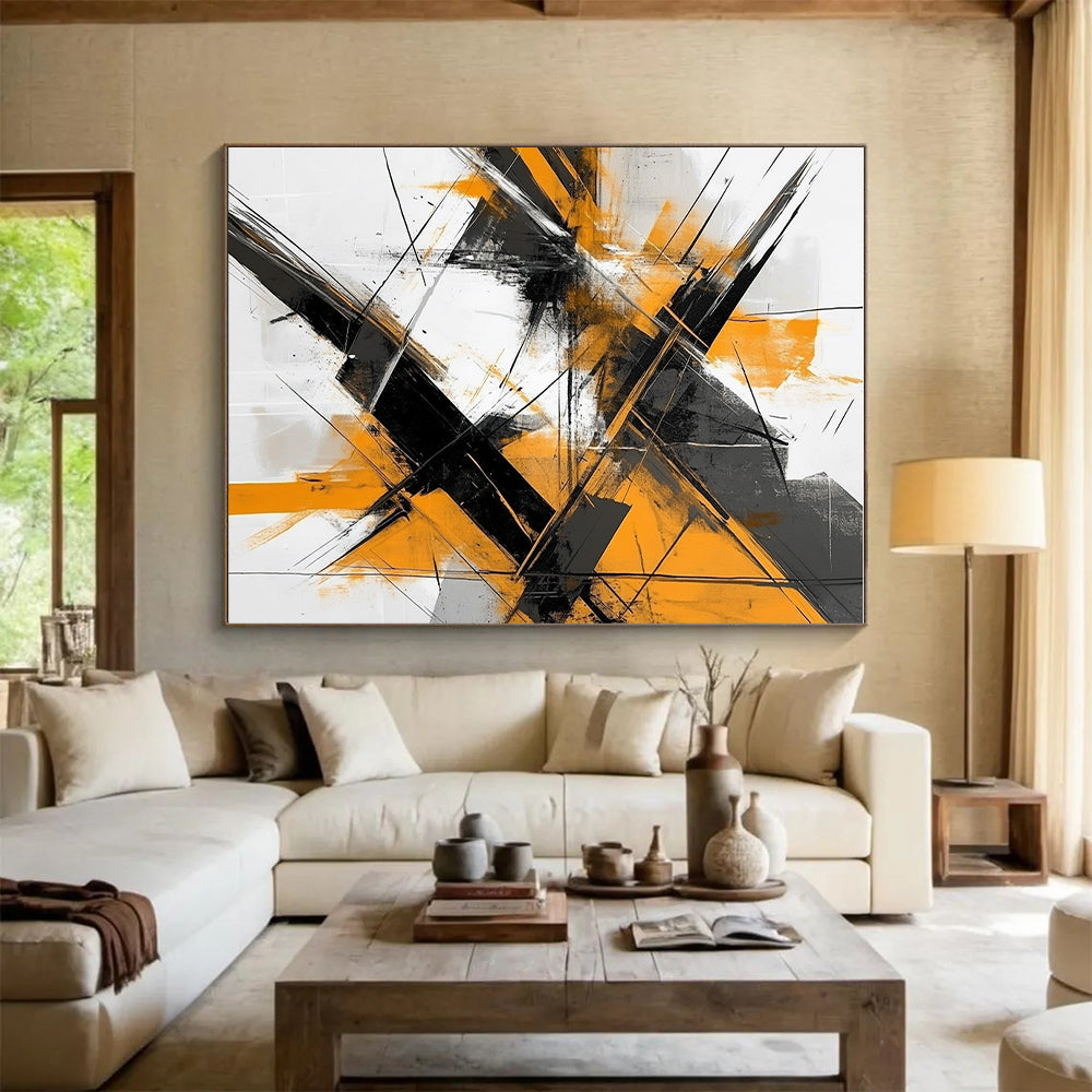 Dynamic Orange - Black Abstract Painting with Gray and White GER324